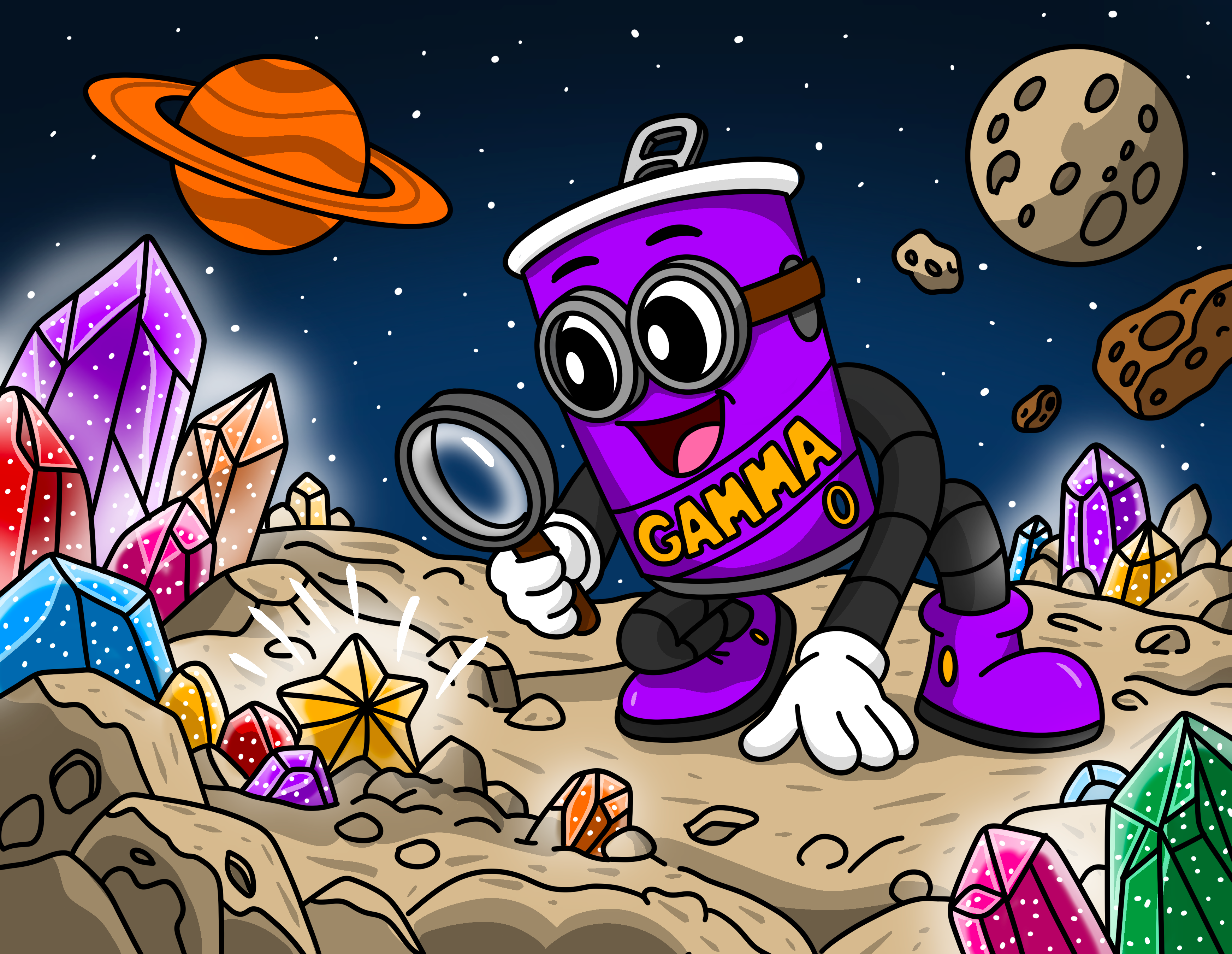 Gamma discovers a glowing star among colorful crystals on an alien world.