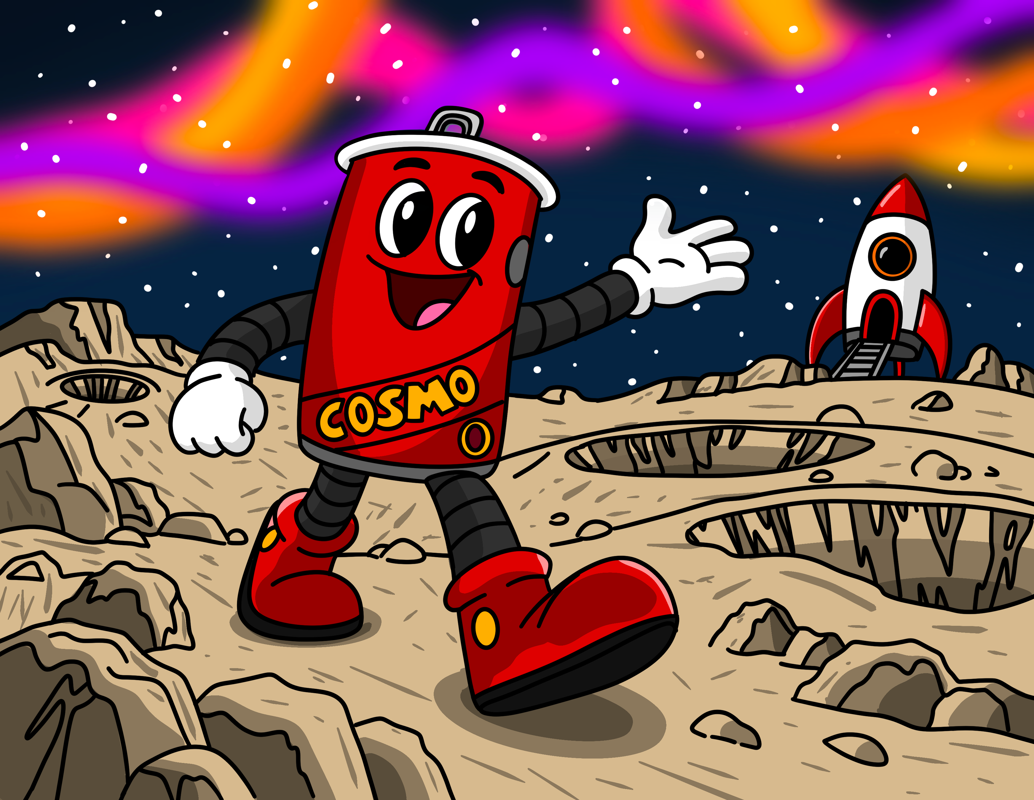 Cosmo waves beside a red rocket on a crater-covered moon.
