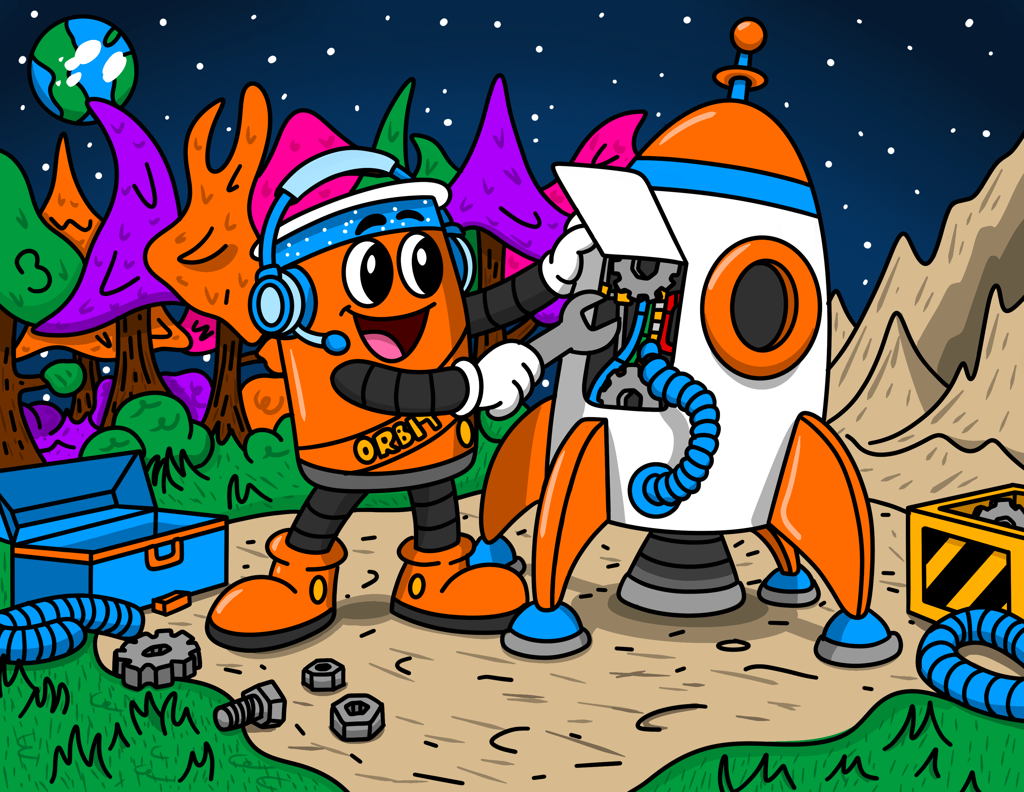 Orbit works on a colorful invention in his space workshop.