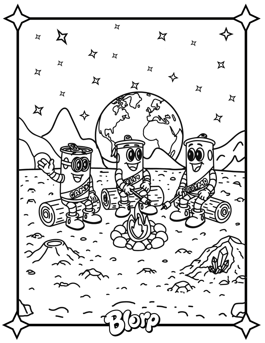 Coloring page of the three robots sitting on the moon around a relaxing fire