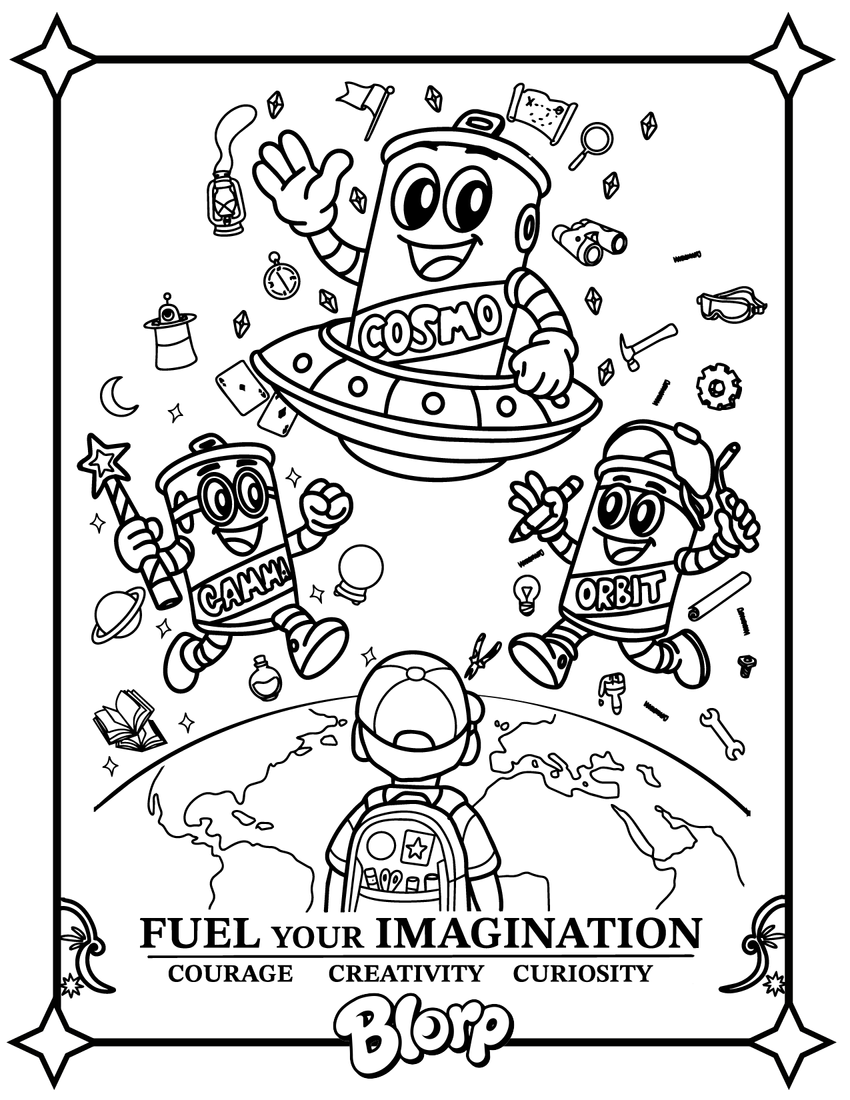 Coloring page of the three robots hovering above earth