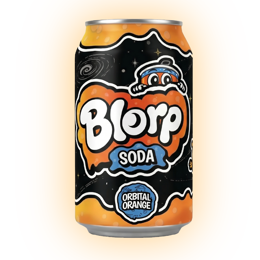 Blorp Orbital Orange soda can