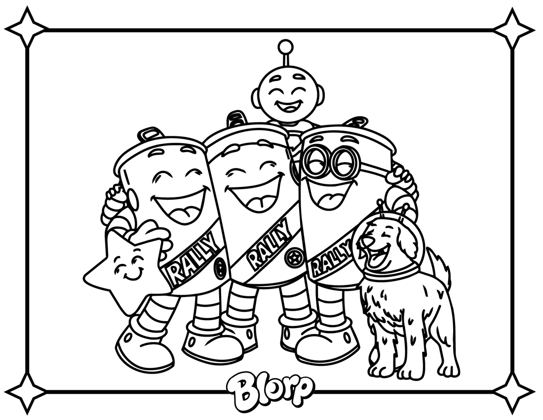 Coloring page of the Cosmo, Gamma, Orbit, Astro the dog, Ray the star and Solace the AI helper